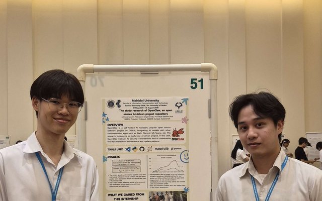Two interns beside their poster